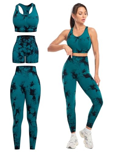 SALSPOR Women's 3 Piece Workout Set Butt Lifting Leggings High Impact Sports Bra Gym Shorts