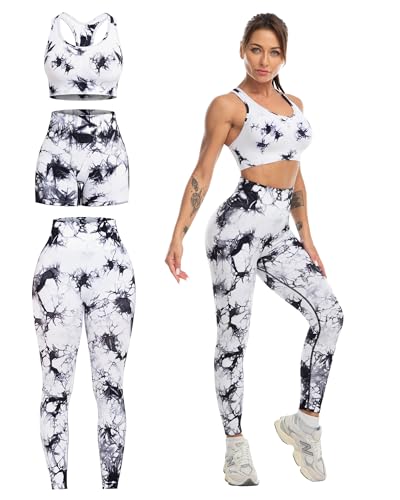 SALSPOR Women's 3 Piece Workout Set Butt Lifting Leggings High Impact Sports Bra Gym Shorts