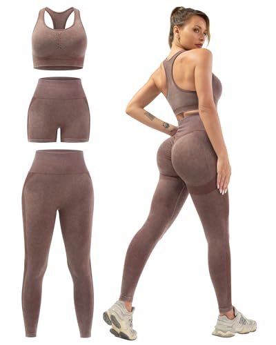 SALSPOR Women's 3 Piece Workout Set Butt Lifting Leggings High Impact Sports Bra Gym Shorts