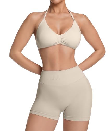 Comper Women's Halter Strappy Sports Bra and Seamless Ribbed Shorts Set