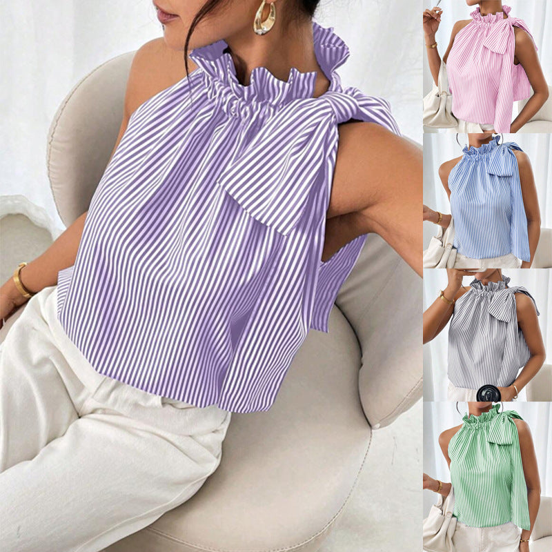 Sleeveless Striped Lace Trim High Necktie Knot T-Shirt Top