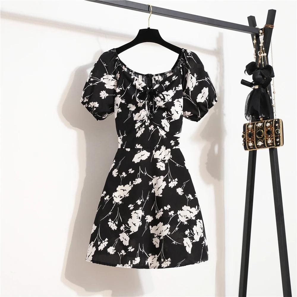 Women's Floral Chiffon Mini Dress – Puff Sleeve Shirred Summer Casual Dress