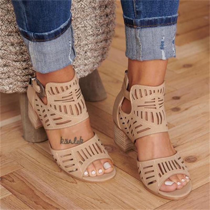 Women's Cutout Wedge Sandals – Peep Toe Buckle Strap Mid Heel Summer Shoes