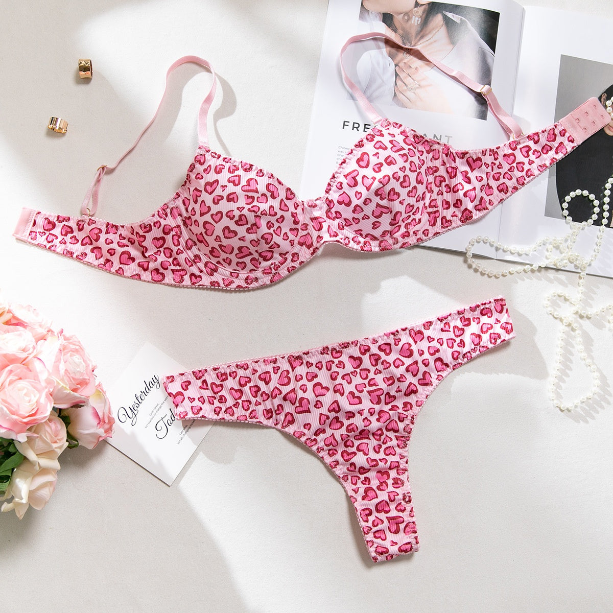 Women's Floral Lace Bralette Set – Wireless Knit Bra & Matching Panty Lingerie