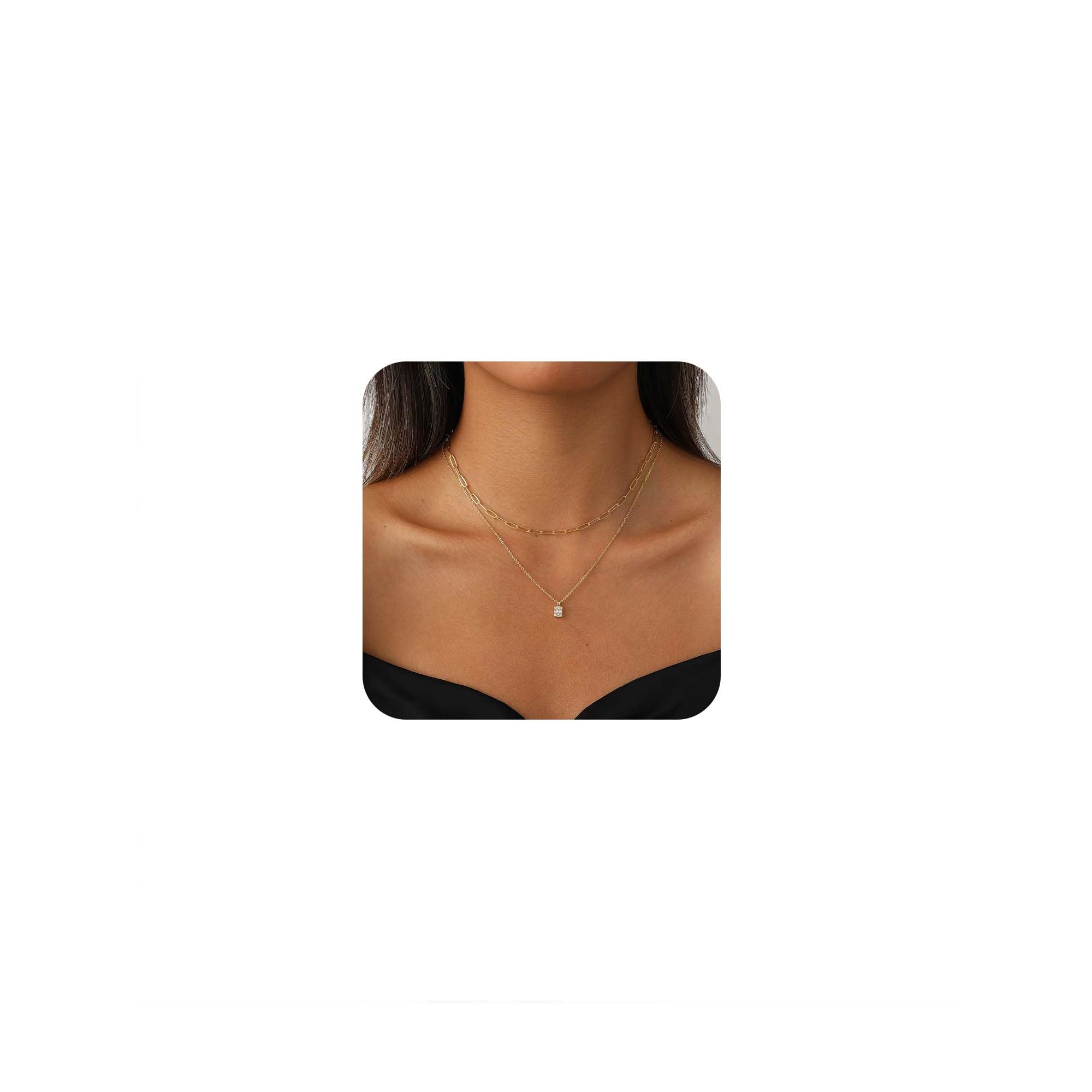 14K Gold Plated Layered Necklace Set – Dainty CZ Pendant Stackable Chain Necklace