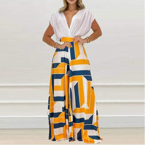 Copy of Women's 2-Piece V-Neck Printed Wide Leg Pants Set – Casual Summer Matching Outfit