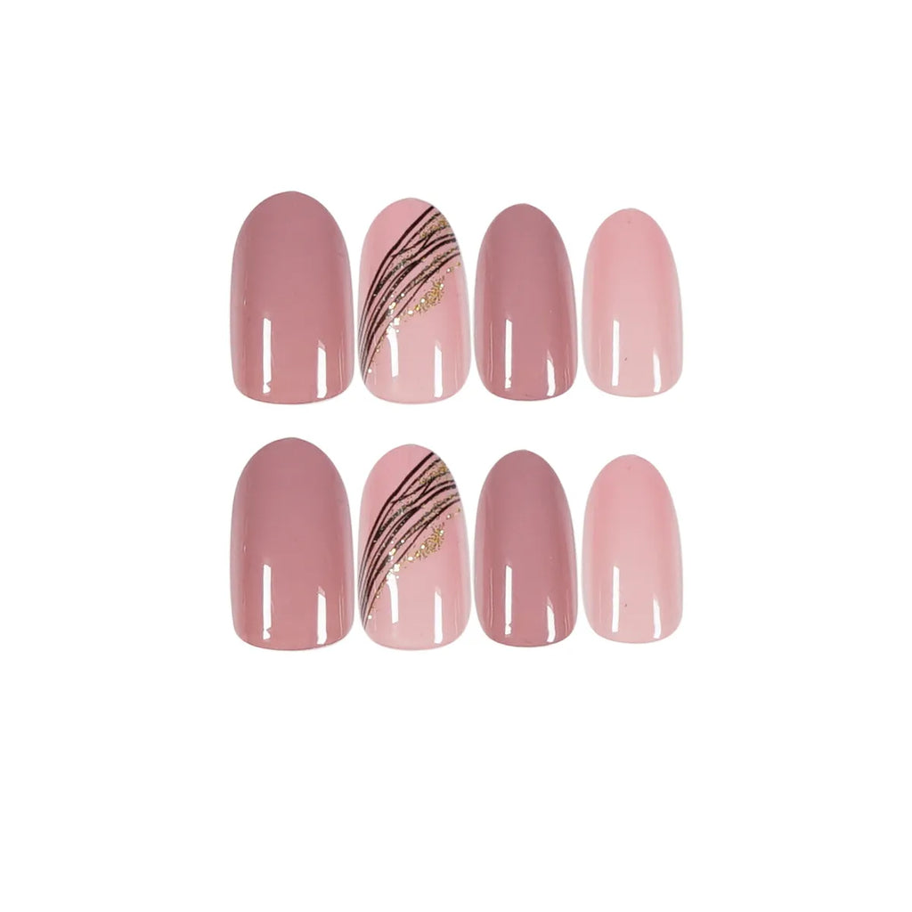 Pink Lotus Almond Press-On Nails – Gold Line Glossy False Nails with Minimalist Nail Art