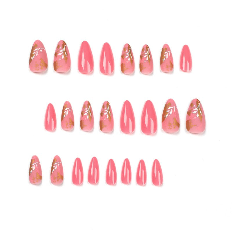 Pink Floral Gold Foil Press-On Nails – Removable Almond False Nails with White Flower Nail Art