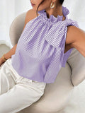 Sleeveless Striped Lace Trim High Necktie Knot T-Shirt Top