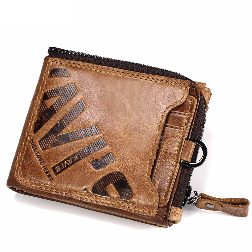 Men's Genuine Leather Bifold Wallet – RFID Blocking Zip Coin Wallet with Card Holder