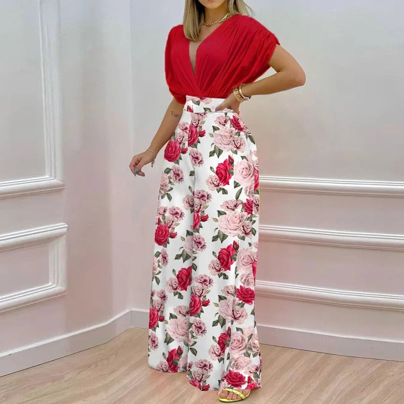 Women's 2-Piece V-Neck Printed Wide Leg Pants Set – Casual Summer Matching Outfit
