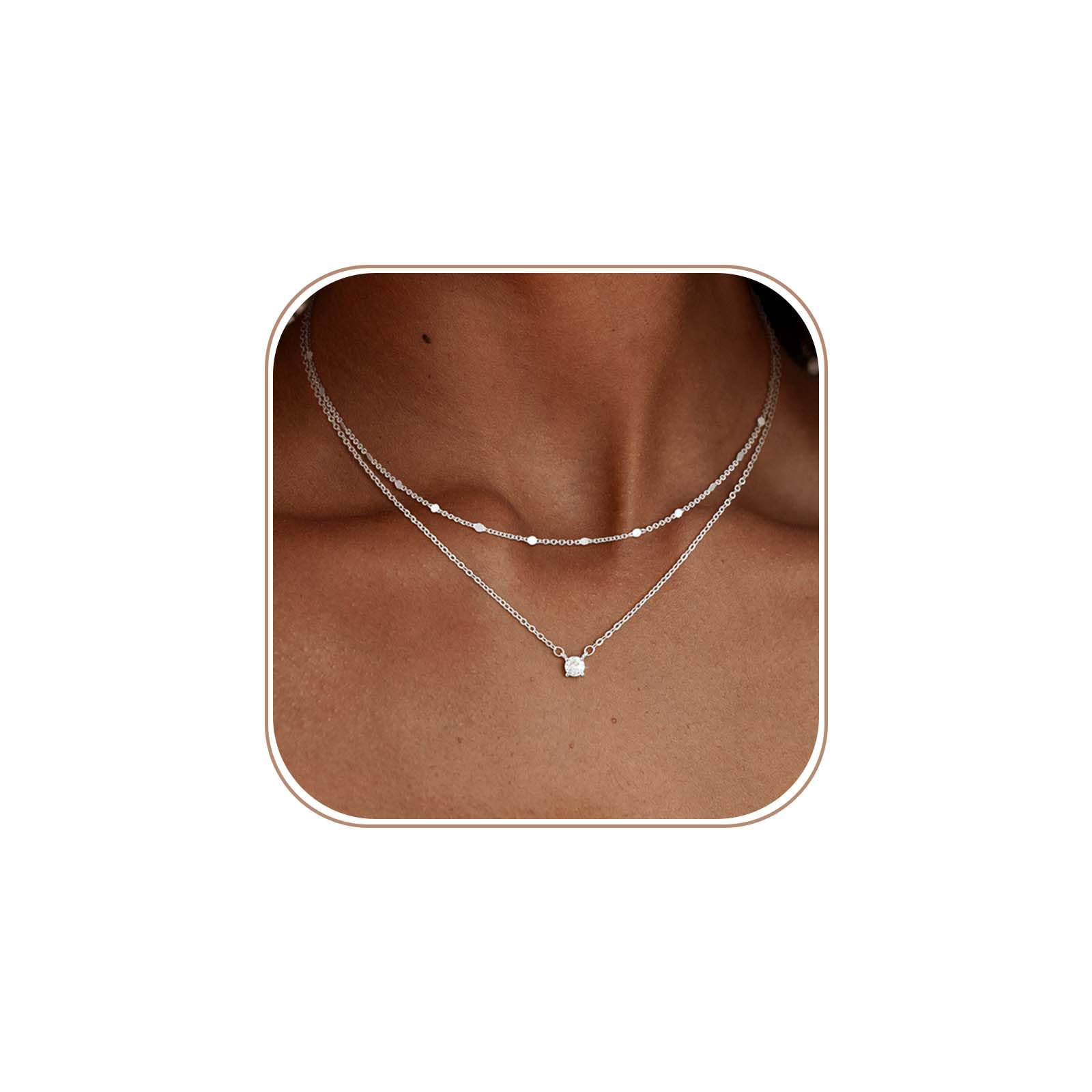 14K Gold Plated Layered Necklace Set – Dainty CZ Pendant Stackable Chain Necklace
