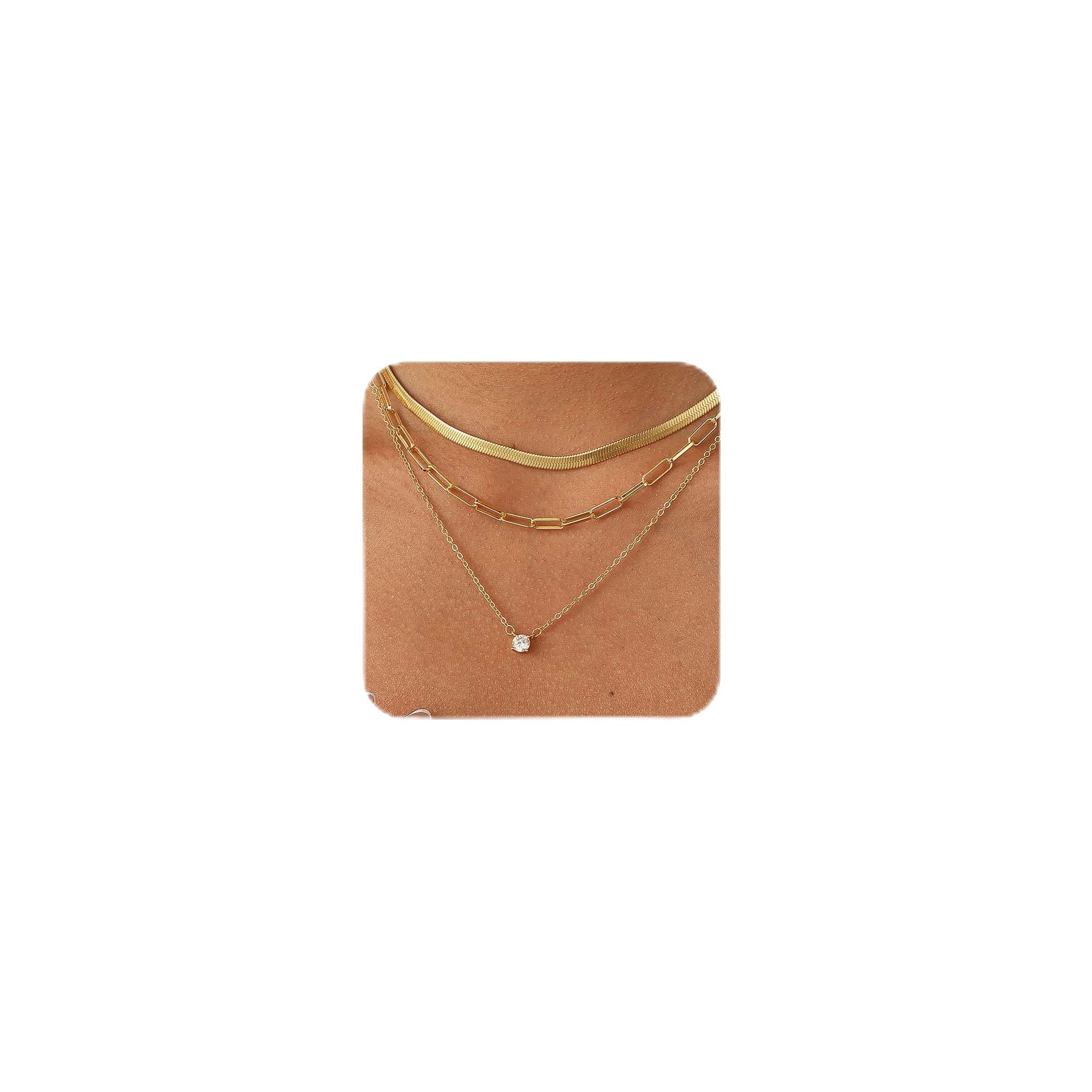 14K Gold Plated Layered Necklace Set – Dainty CZ Pendant Stackable Chain Necklace
