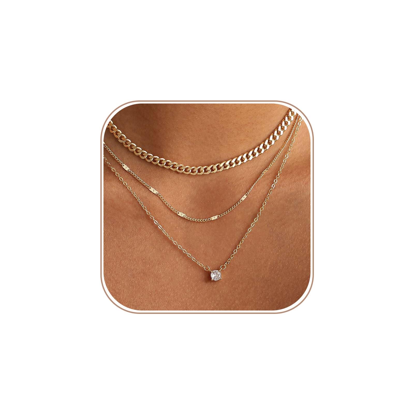14K Gold Plated Layered Necklace Set – Dainty CZ Pendant Stackable Chain Necklace