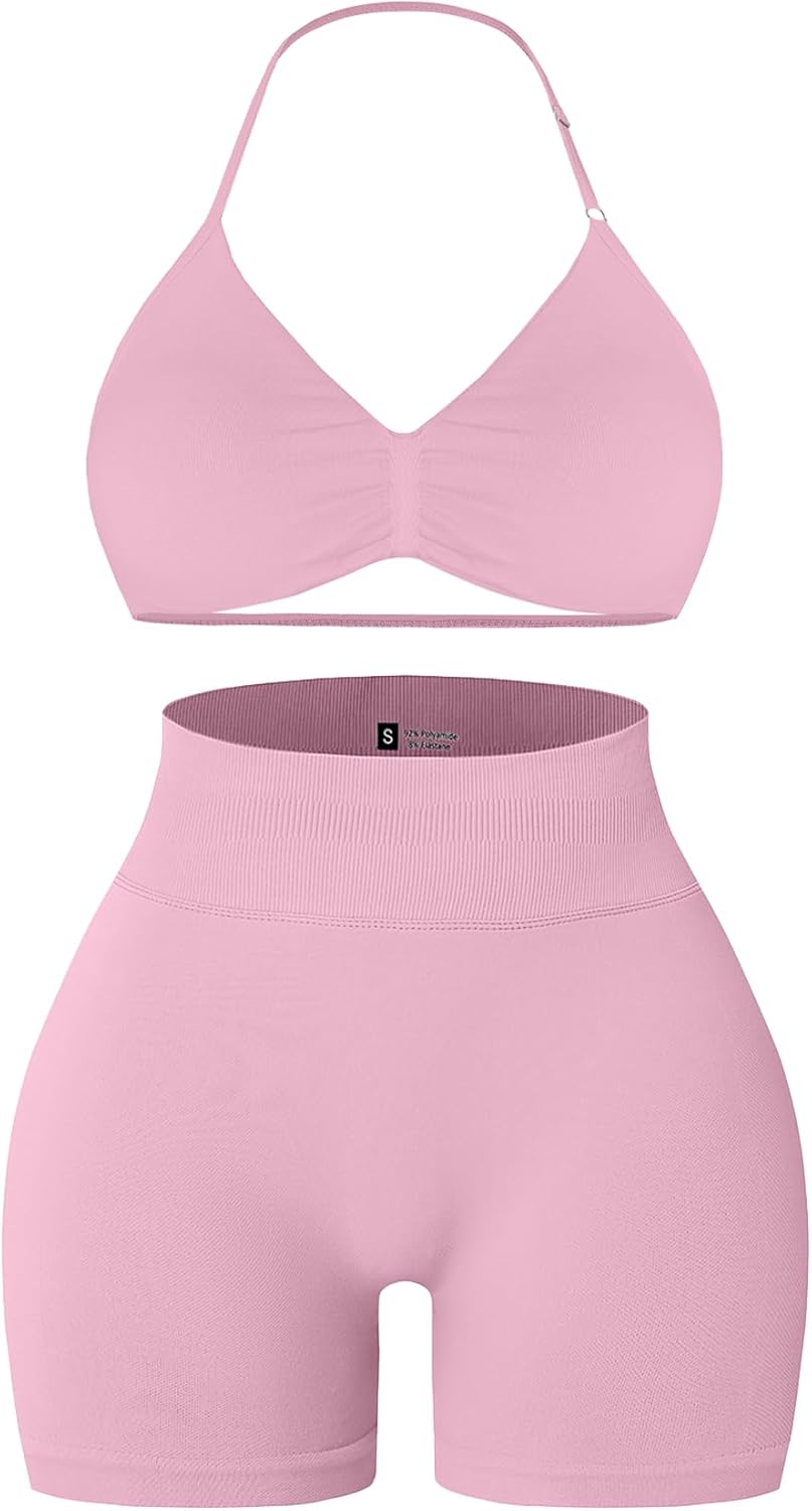 Comper Women's Halter Strappy Sports Bra and Seamless Ribbed Shorts Set