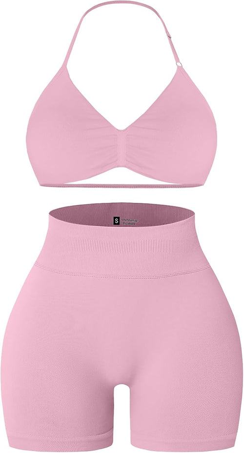 Comper Women's Halter Strappy Sports Bra and Seamless Ribbed Shorts Set