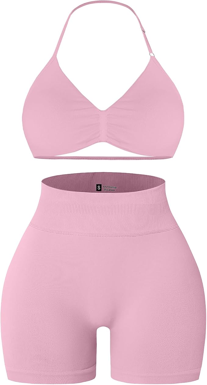 Comper Women's Halter Strappy Sports Bra and Seamless Ribbed Shorts Set