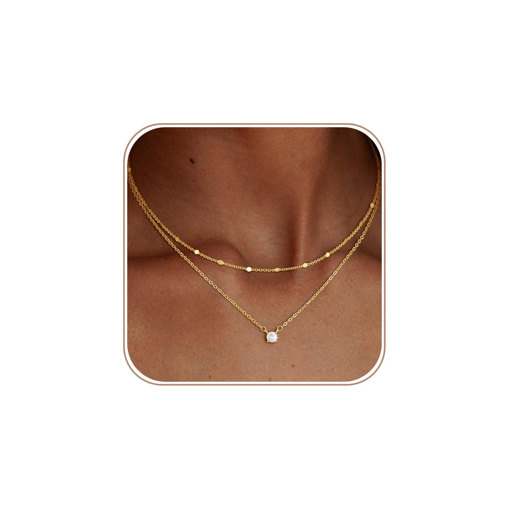 14K Gold Plated Layered Necklace Set – Dainty CZ Pendant Stackable Chain Necklace