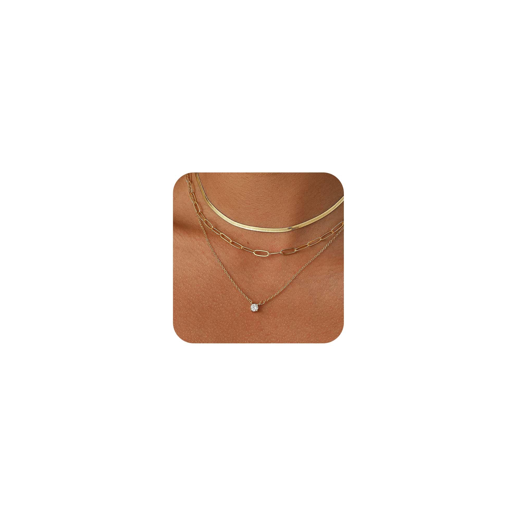 14K Gold Plated Layered Necklace Set – Dainty CZ Pendant Stackable Chain Necklace