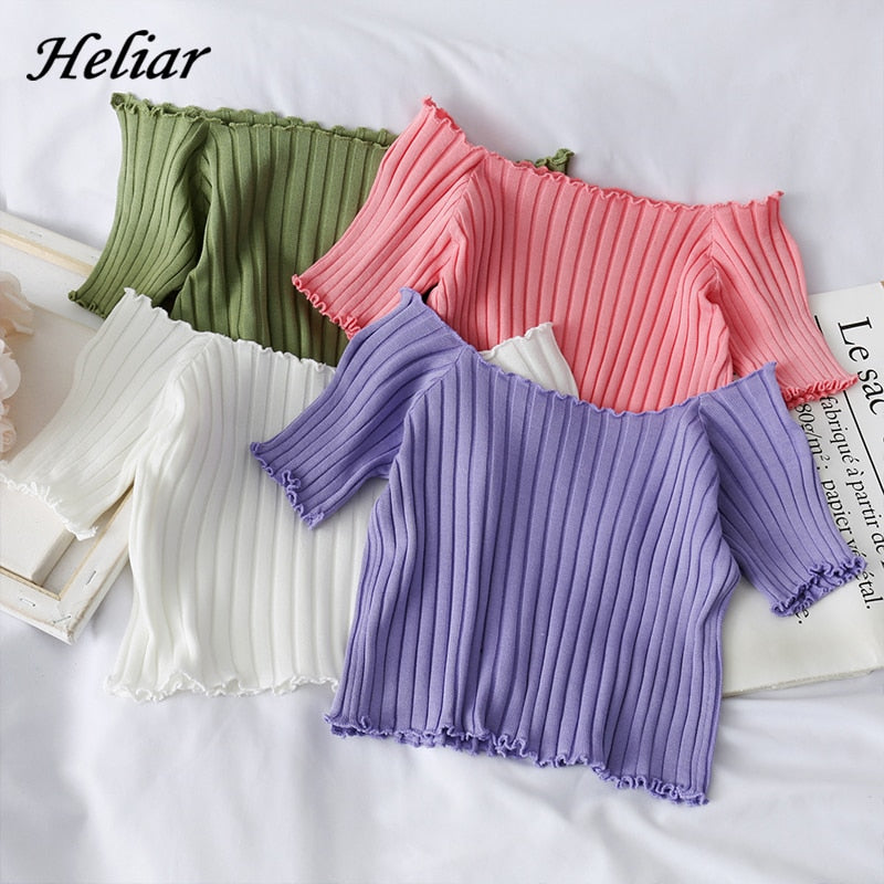 Women's Off-Shoulder Knit Crop Top – Ruffle Hem Stretch Short Sleeve Summer Tee