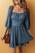 LIMITED SUPPLY Women's Frilled Neck Mini Dress – 3/4 Sleeve Ruche Layered Dress