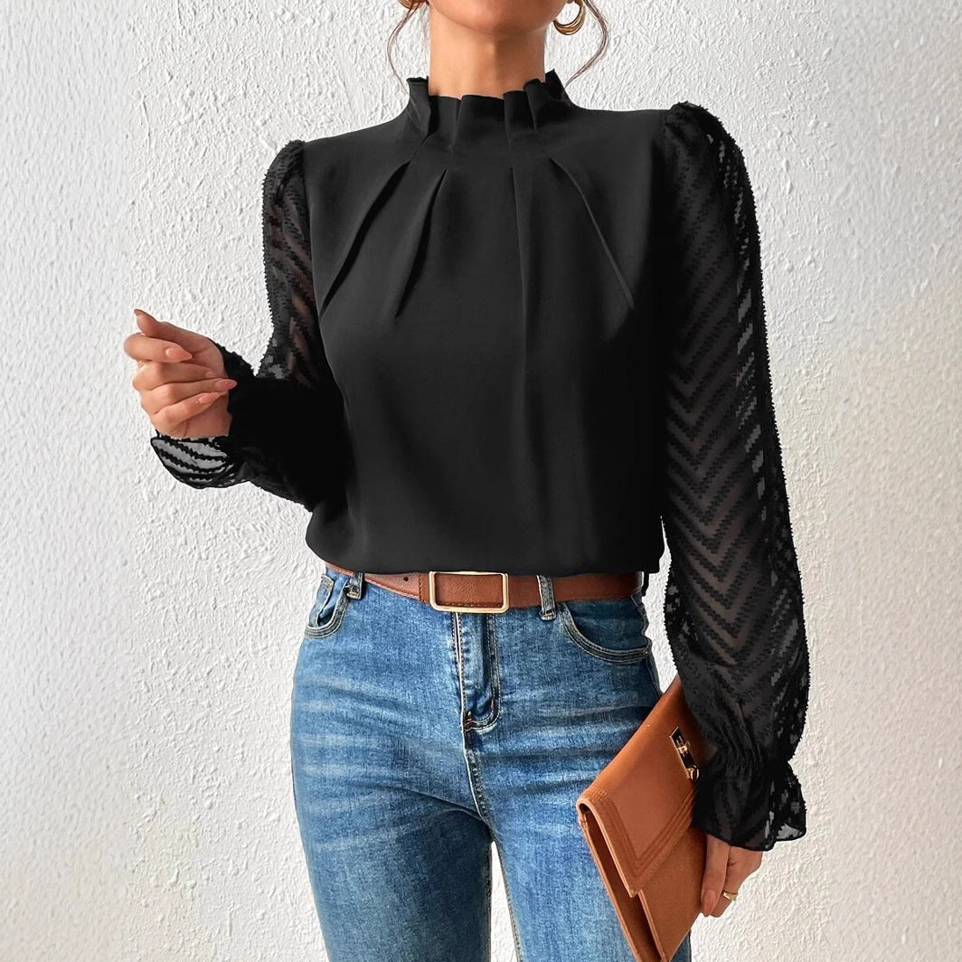 Women's High Neck Spliced Wave Pattern Chiffon Long Sleeve Top