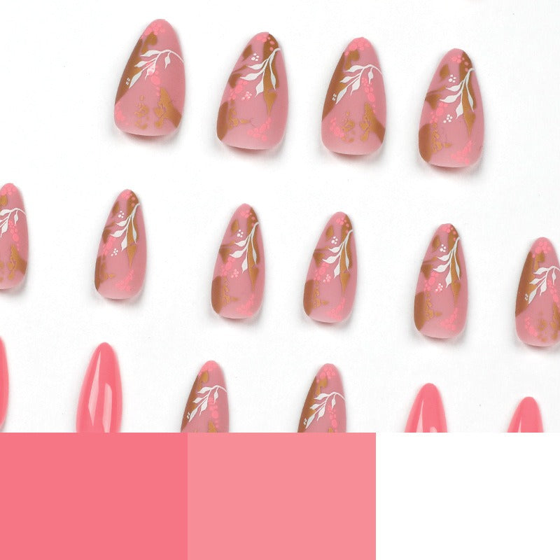 Pink Floral Gold Foil Press-On Nails – Removable Almond False Nails with White Flower Nail Art