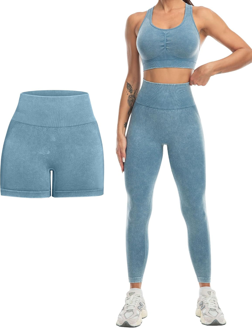 SALSPOR Women's 3 Piece Workout Set Butt Lifting Leggings High Impact Sports Bra Gym Shorts