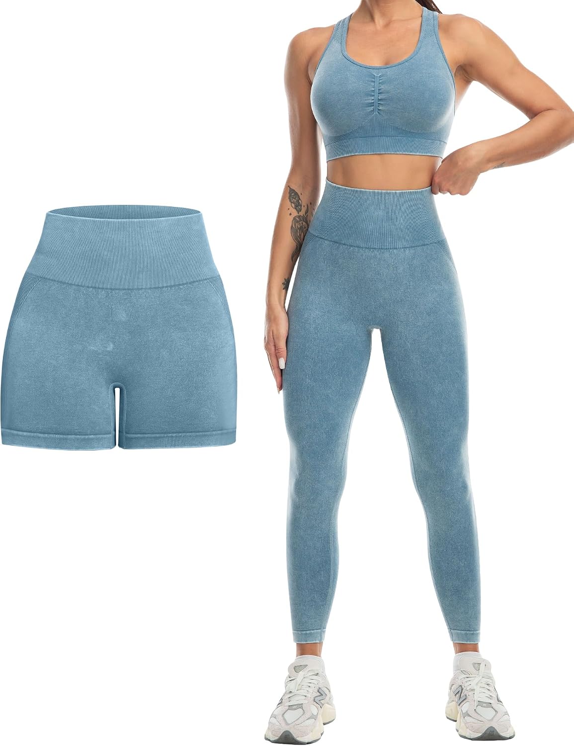 SALSPOR Women's 3 Piece Workout Set Butt Lifting Leggings High Impact Sports Bra Gym Shorts
