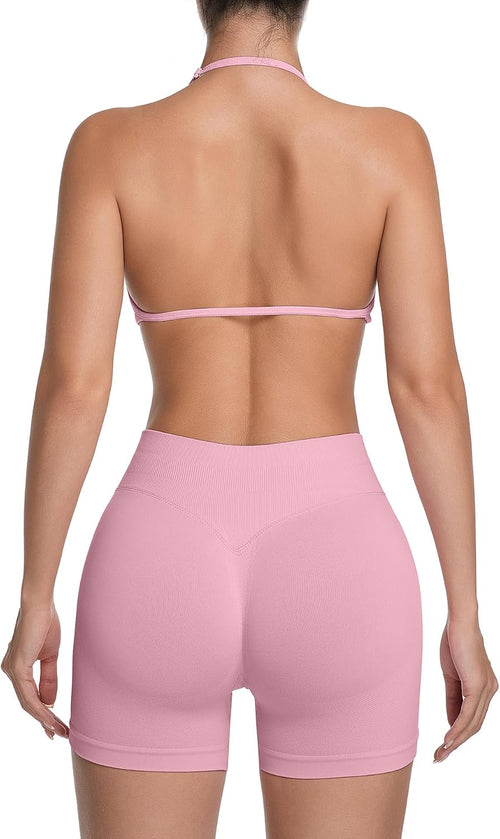 Comper Women's Halter Strappy Sports Bra and Seamless Ribbed Shorts Set