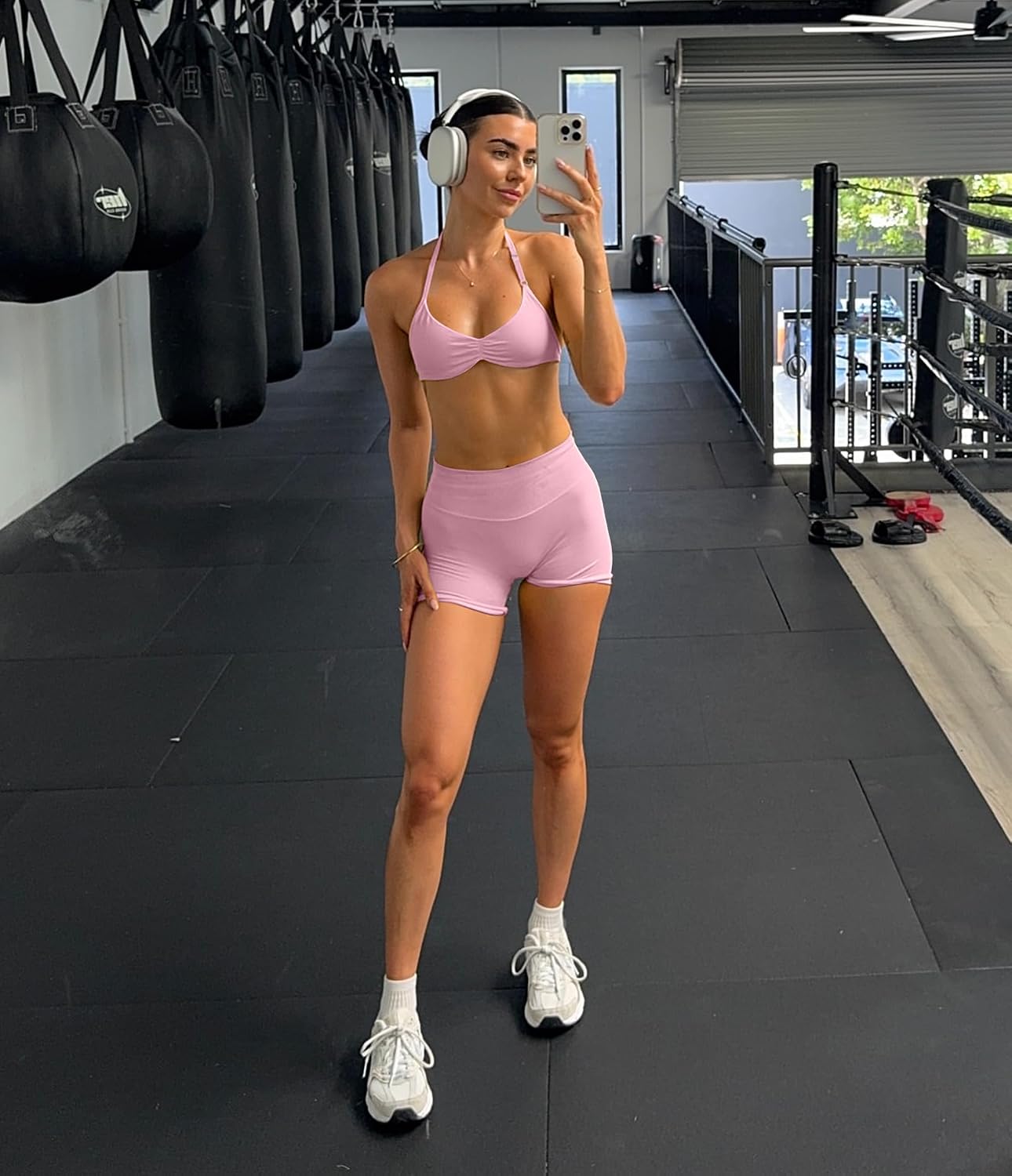 Comper Women's Halter Strappy Sports Bra and Seamless Ribbed Shorts Set