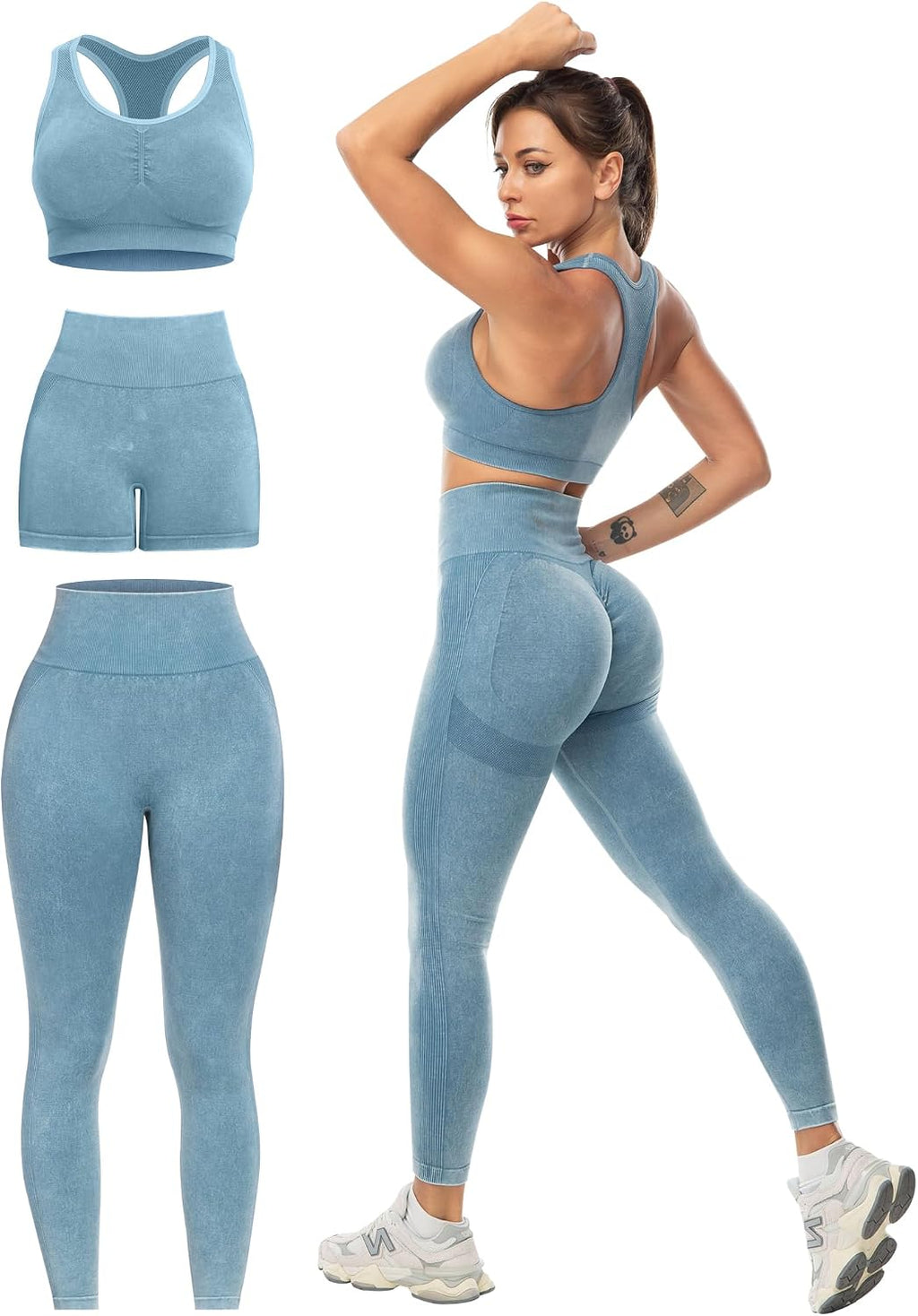 SALSPOR Women's 3 Piece Workout Set Butt Lifting Leggings High Impact Sports Bra Gym Shorts