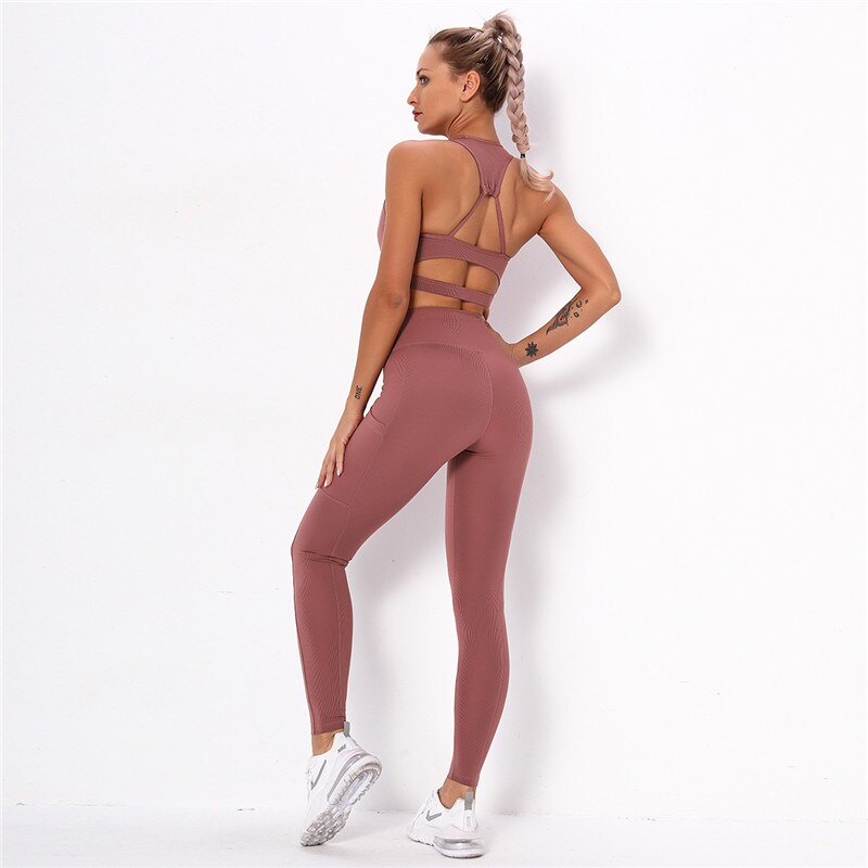 Women's Striped Yoga Set – Sports Bra & High-Waist Leggings Workout Set