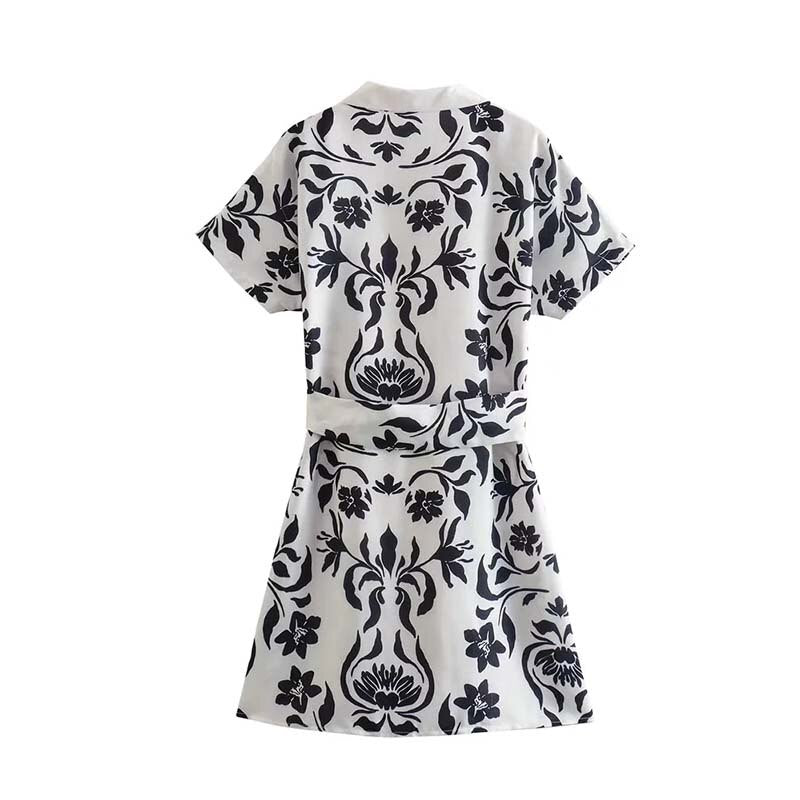 Women's Printed Mini Dress – Elegant Bow Belt Short Sleeve Summer Dress
