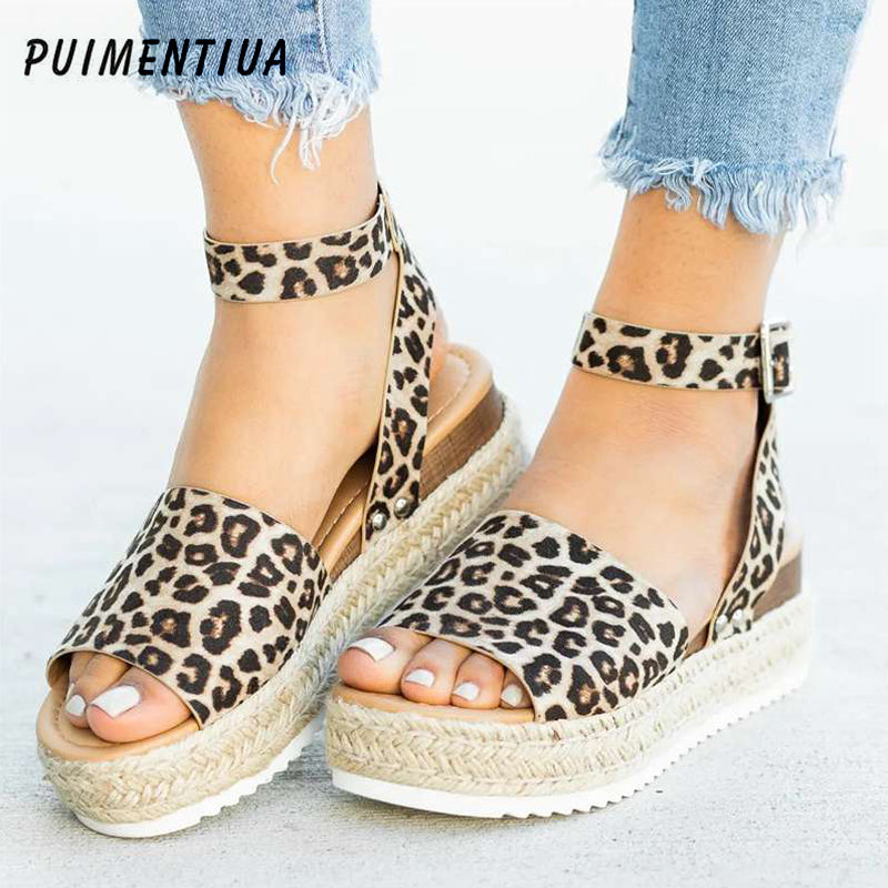 Women's Leopard Wedge Sandals – Buckle Strap Platform Summer Casual Shoes