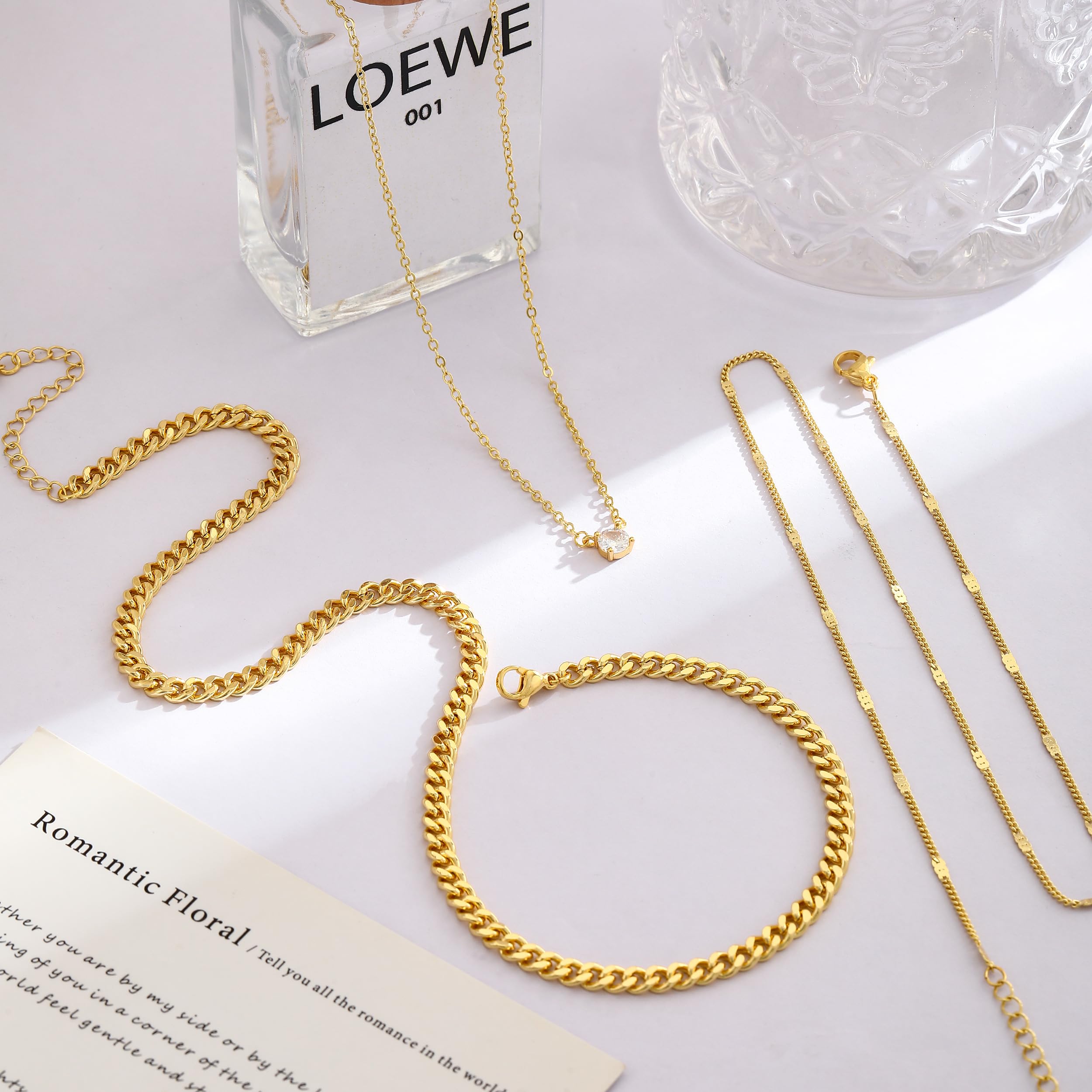 14K Gold Plated Layered Necklace Set – Dainty CZ Pendant Stackable Chain Necklace