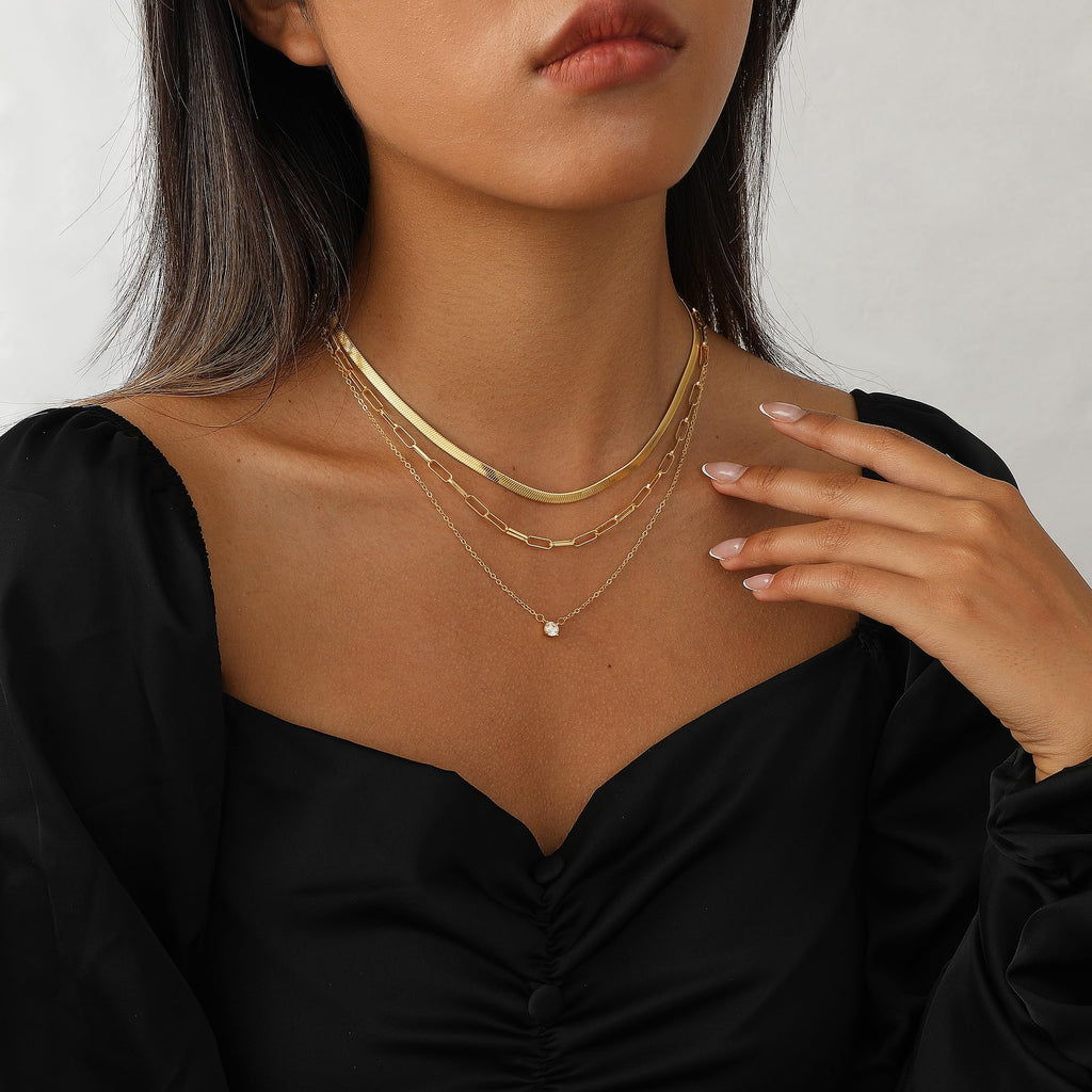 14K Gold Plated Layered Necklace Set – Dainty CZ Pendant Stackable Chain Necklace