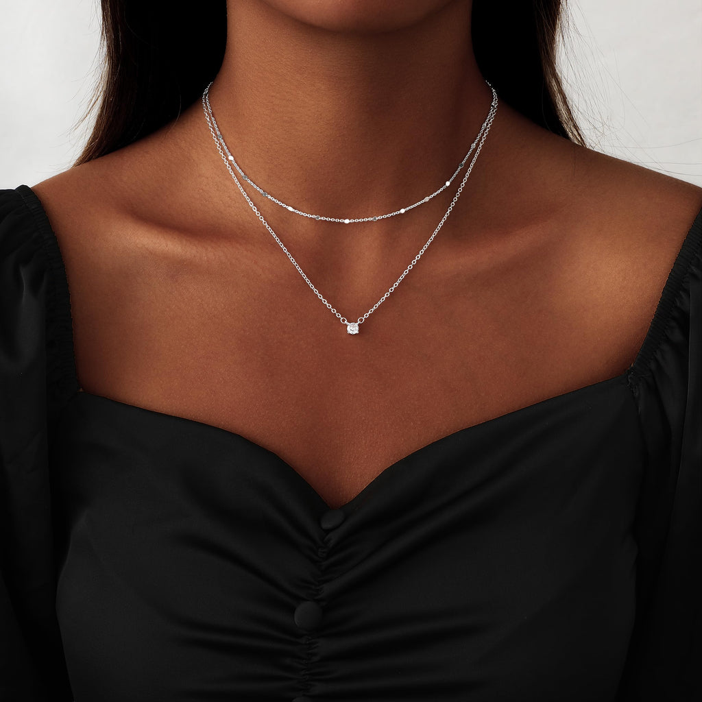 14K Gold Plated Layered Necklace Set – Dainty CZ Pendant Stackable Chain Necklace