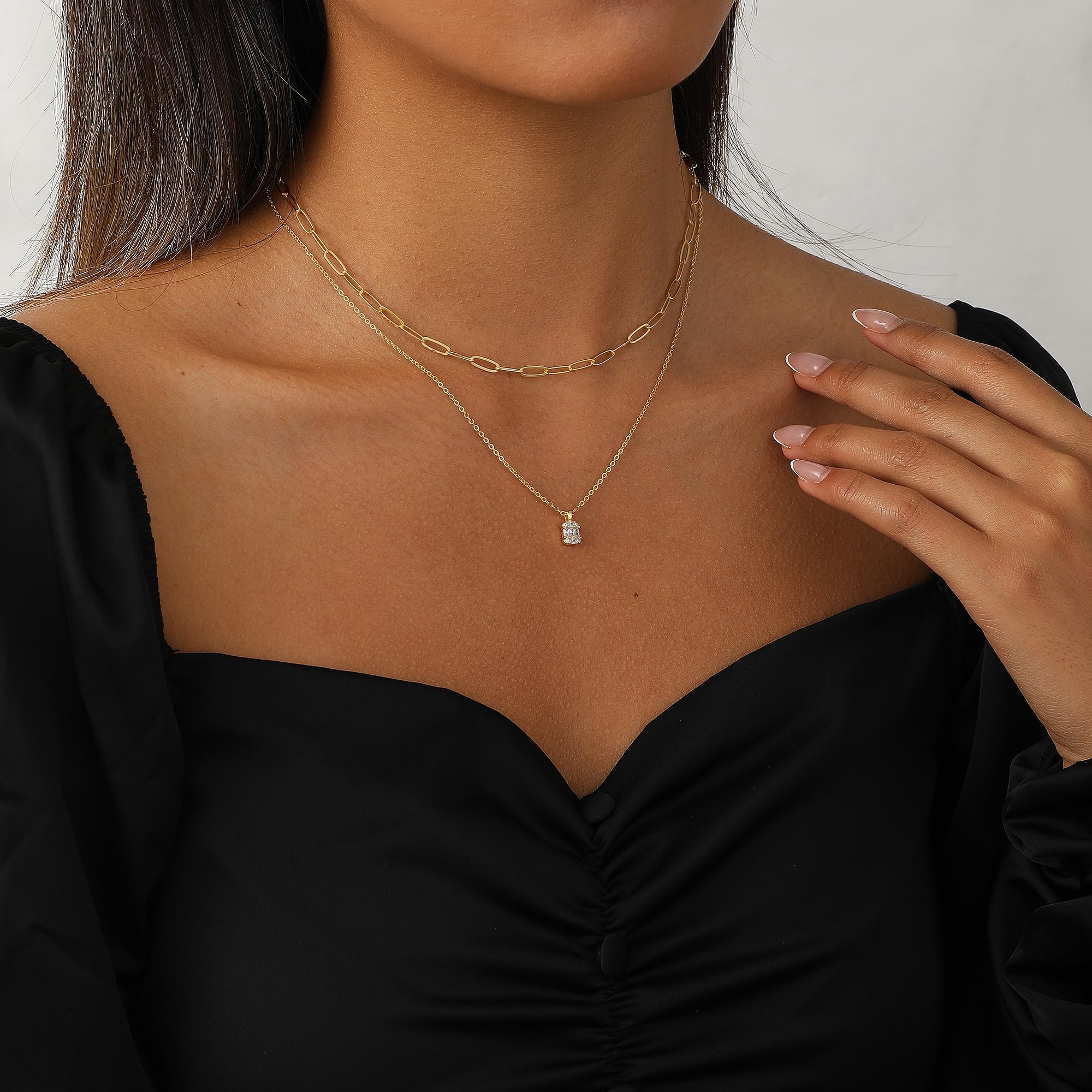 14K Gold Plated Layered Necklace Set – Dainty CZ Pendant Stackable Chain Necklace