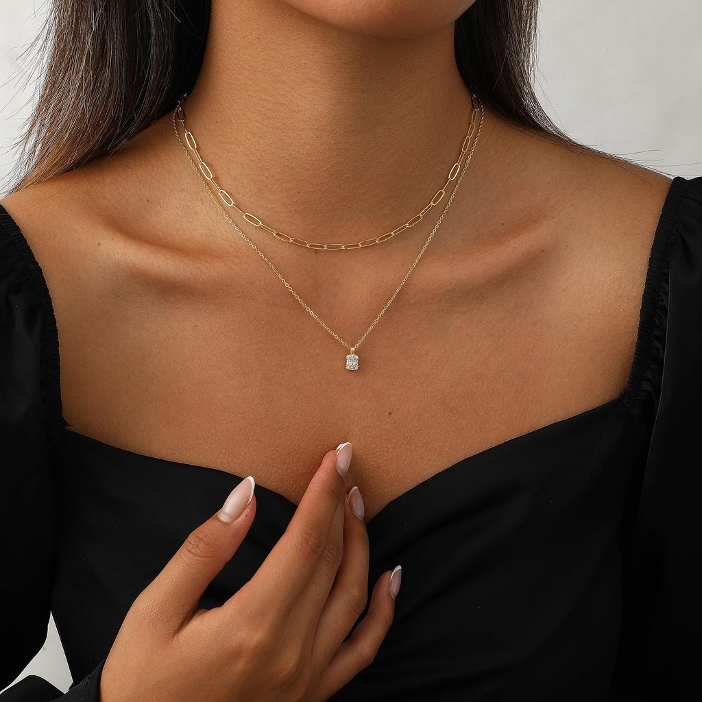14K Gold Plated Layered Necklace Set – Dainty CZ Pendant Stackable Chain Necklace