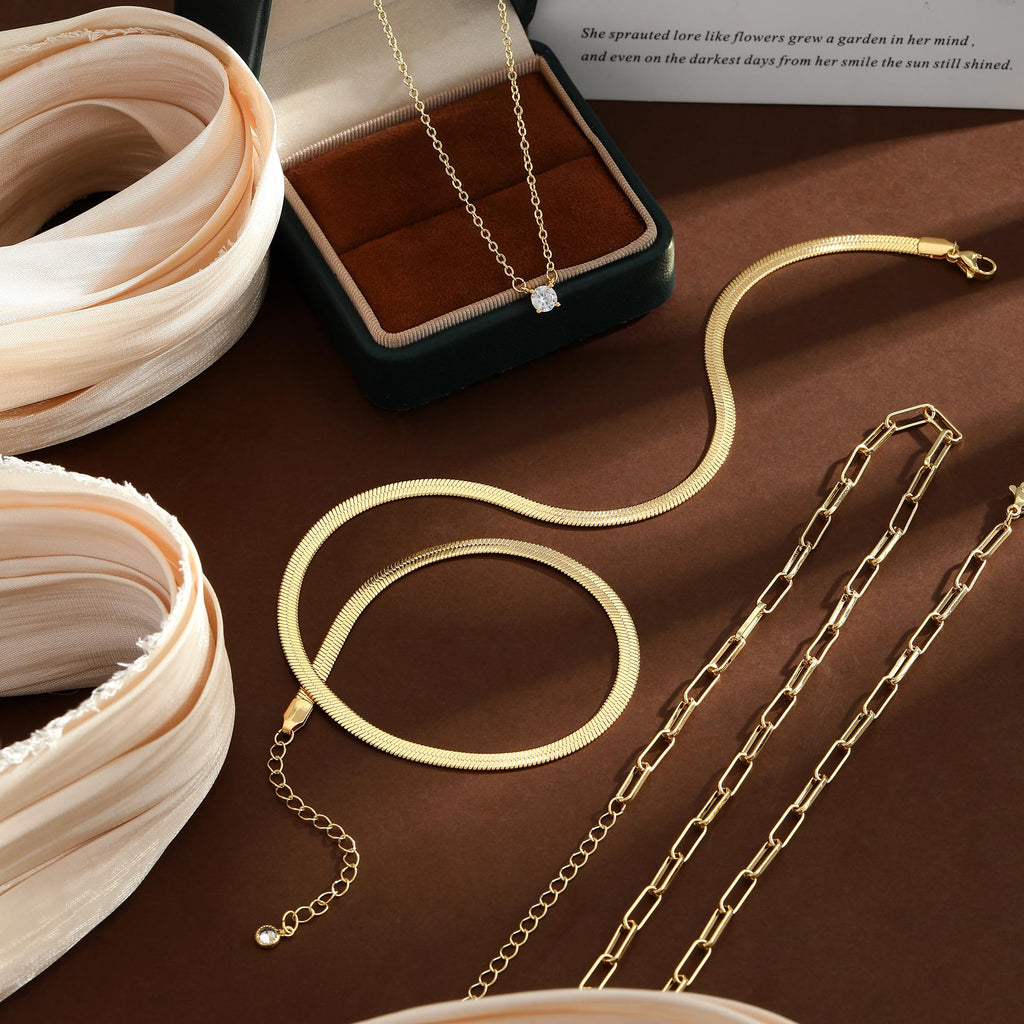14K Gold Plated Layered Necklace Set – Dainty CZ Pendant Stackable Chain Necklace