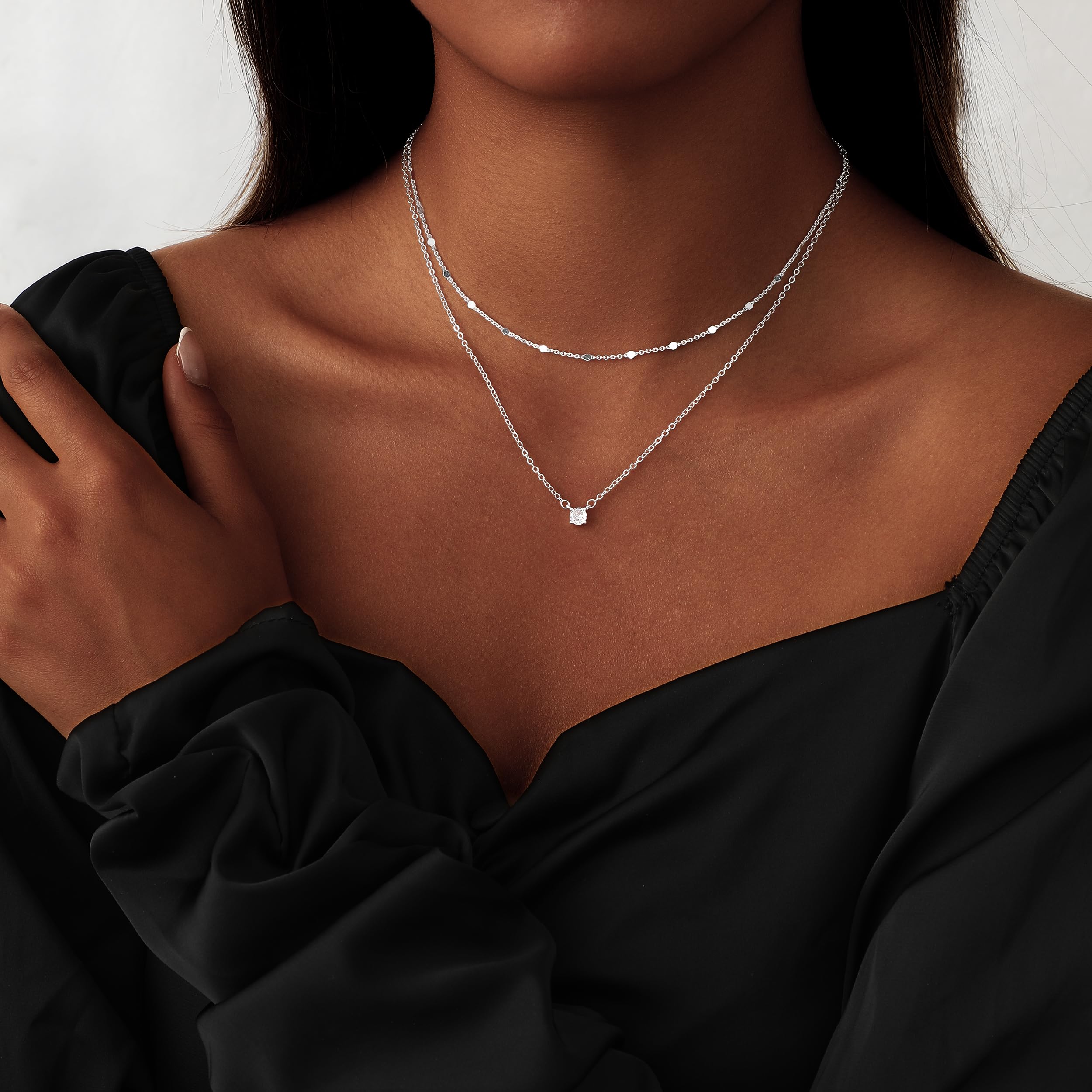 14K Gold Plated Layered Necklace Set – Dainty CZ Pendant Stackable Chain Necklace