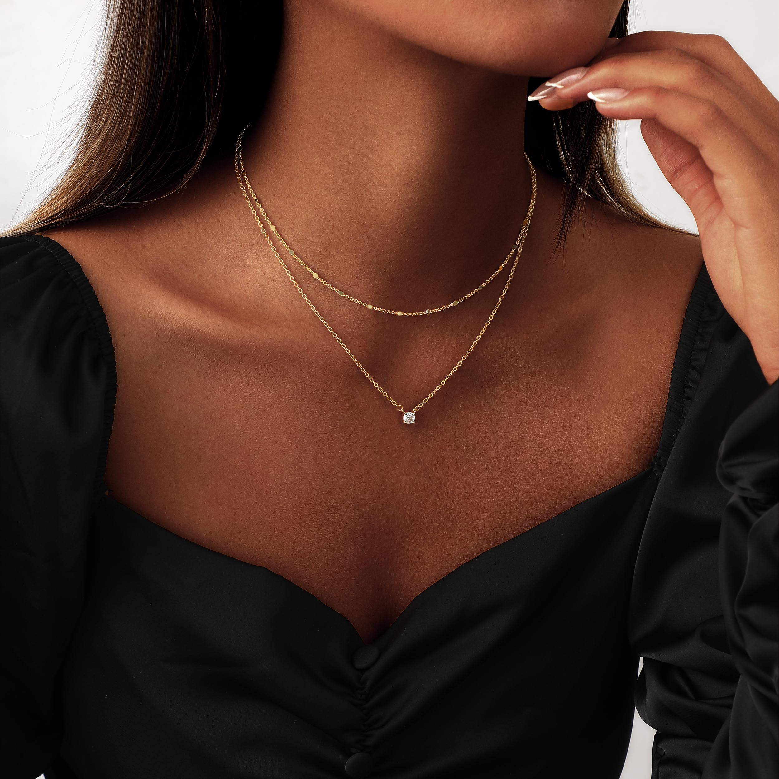 14K Gold Plated Layered Necklace Set – Dainty CZ Pendant Stackable Chain Necklace