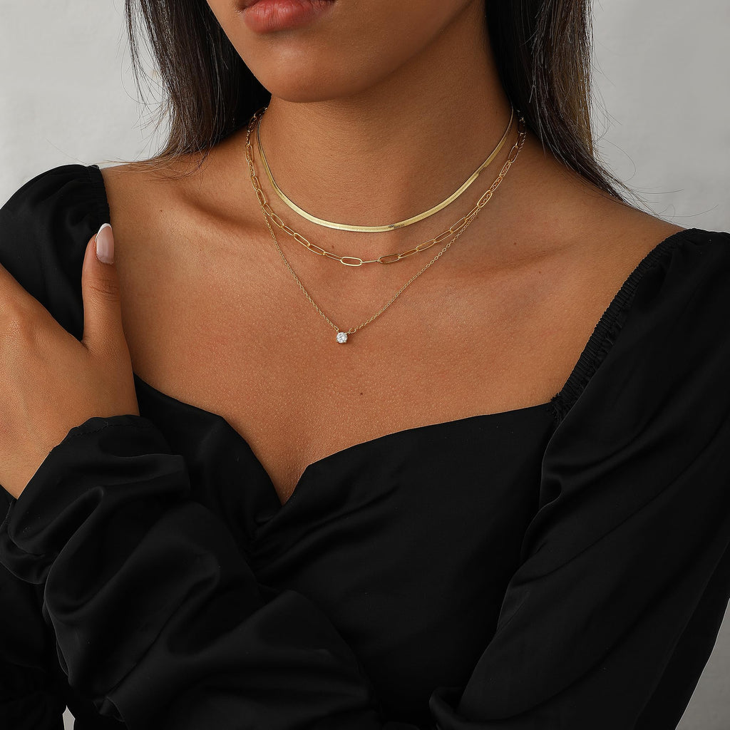 14K Gold Plated Layered Necklace Set – Dainty CZ Pendant Stackable Chain Necklace