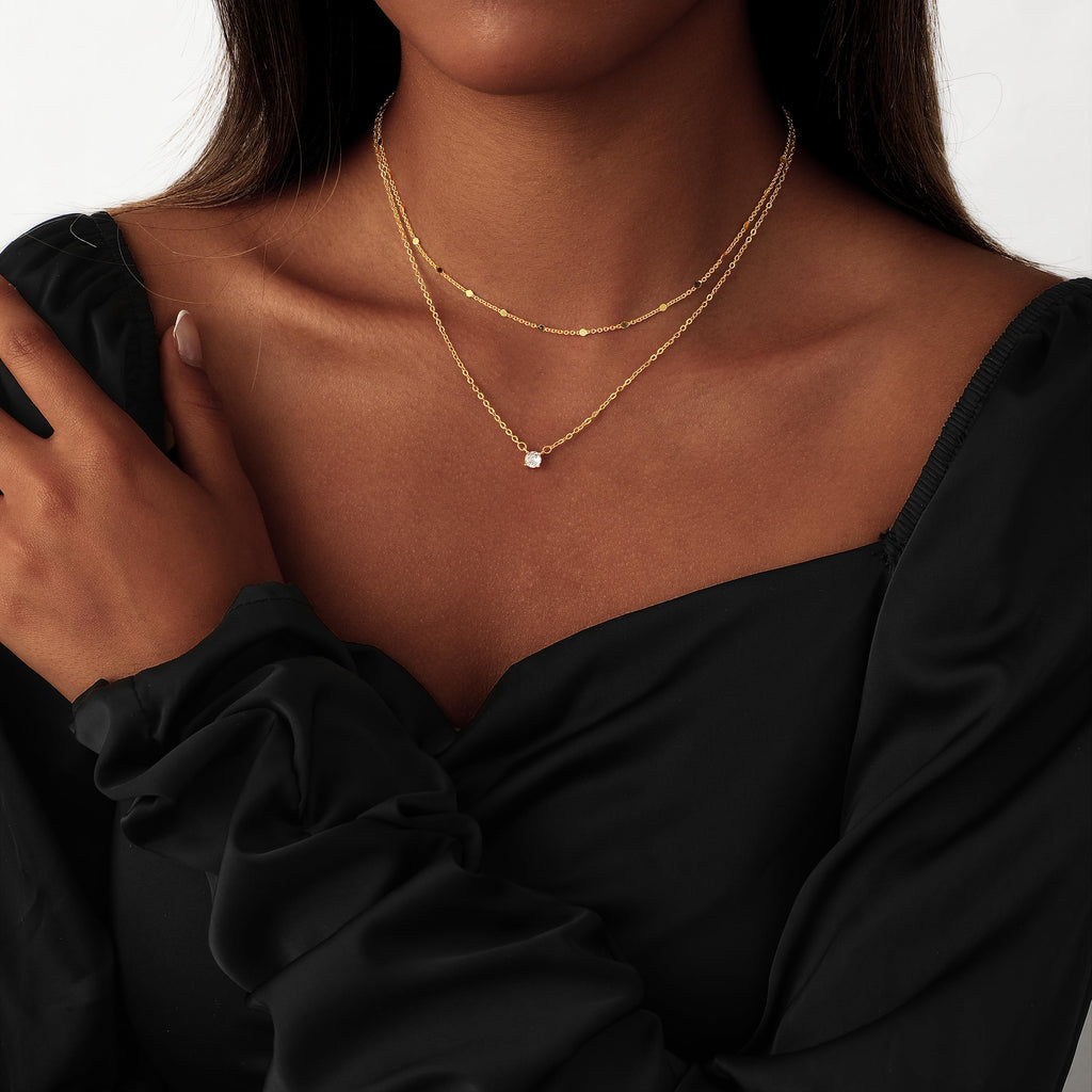 14K Gold Plated Layered Necklace Set – Dainty CZ Pendant Stackable Chain Necklace
