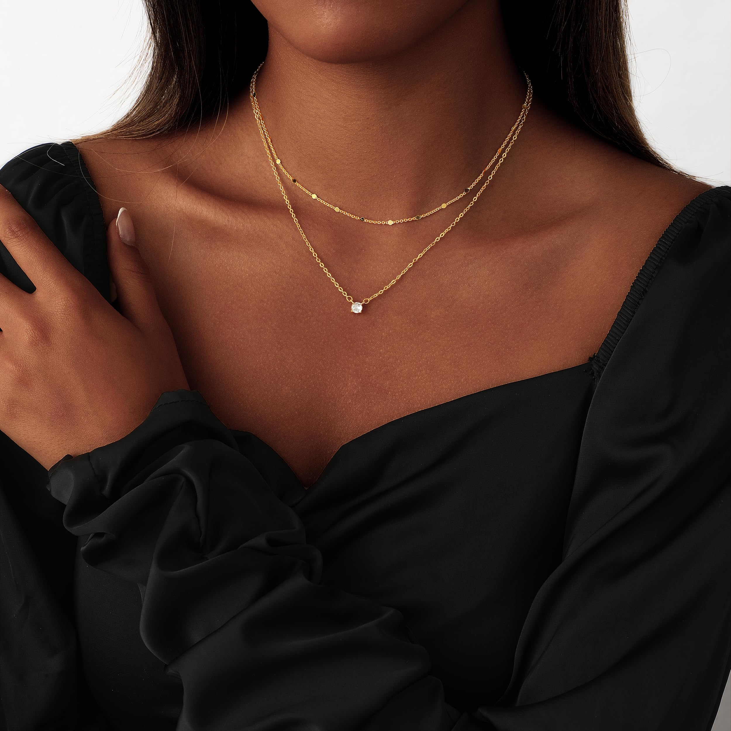 14K Gold Plated Layered Necklace Set – Dainty CZ Pendant Stackable Chain Necklace