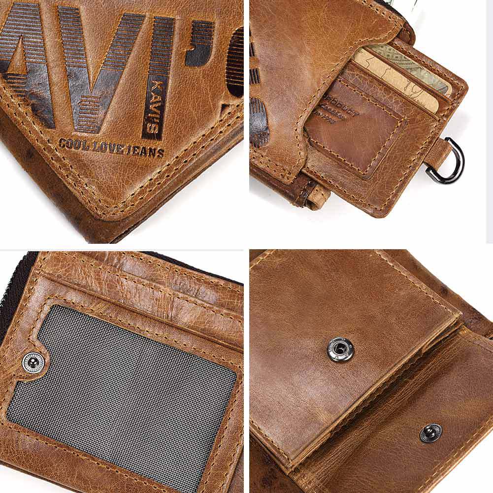 Men's Genuine Leather Bifold Wallet – RFID Blocking Zip Coin Wallet with Card Holder