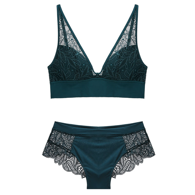 Women's Wireless Lace Bra & Panty Set – Push-Up Seamless Jacquard Lingerie Set