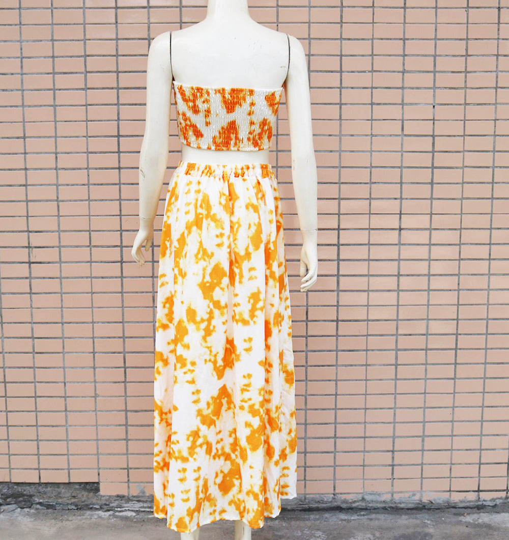 Women's Printed Strapless Bandeau Maxi Skirt Set – Backless Two-Piece Summer Outfit