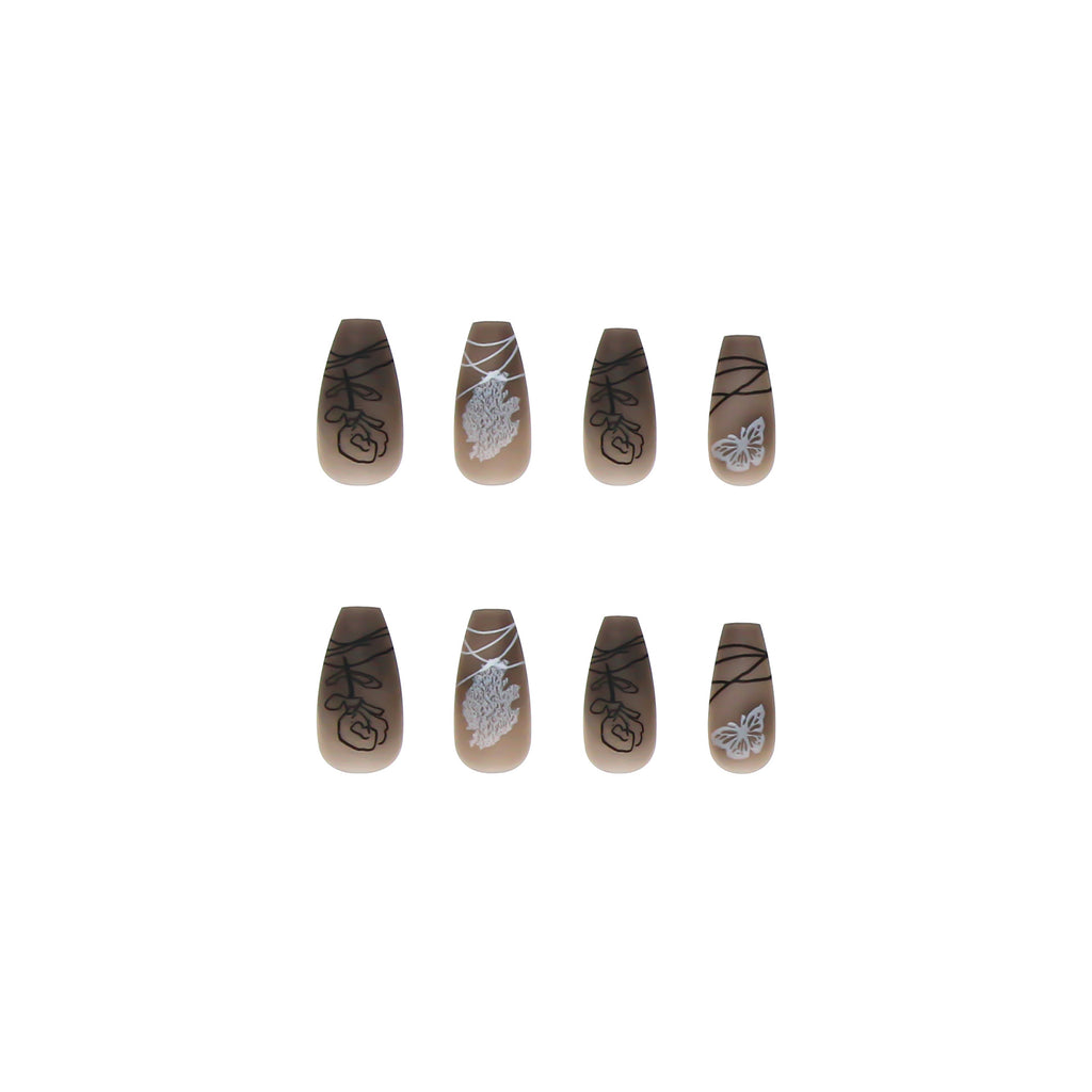 Dark Butterfly Press-On Nails – Long Ballet Reusable False Nails with Glue Tabs